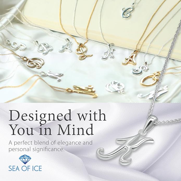 SEA OF ICE Letter Initial Necklace, Alphabet Letter Pendant Necklace, Sterling Silver, Gold, Rose Gold Necklace for Women, Elegant Initial Necklaces, Personalized Custom Women's Necklaces