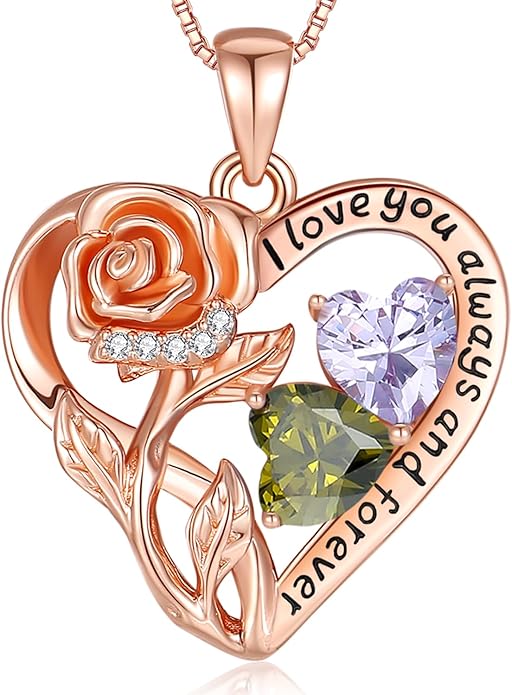 925 Sterling Silver Double Birthstone Rose Flower Heart Jewelry Necklaces for Women Anniversary Love Forever Necklaces for Her Birthday Gifts for Wife Girlfriend Mom Mothers Day Rose Gold