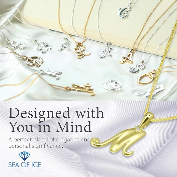 SEA OF ICE Letter Initial Necklace, Alphabet Letter Pendant Necklace, Sterling Silver, Gold, Rose Gold Necklace for Women, Elegant Initial Necklaces, Personalized Custom Women's Necklaces
