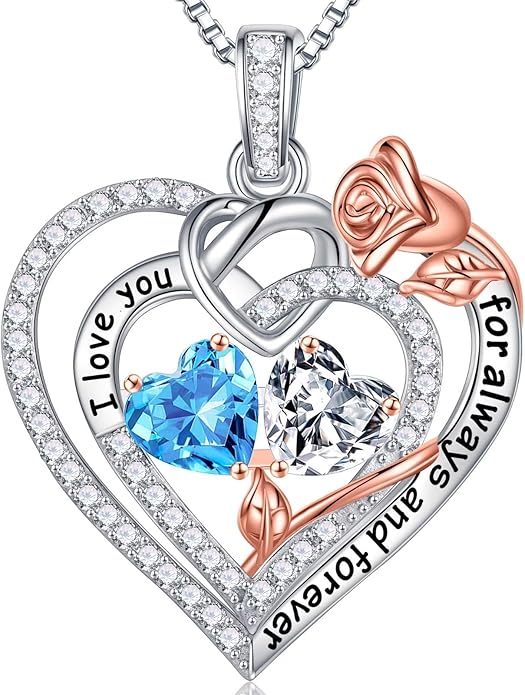 Iefil Rose Heart Necklace Gifts for Wife Women - 925 Sterling Silver Double Birthstone Necklace, Anniversary Birthday Gifts for Women, Jewelry Gift for Wife Girlfriend Mom Her