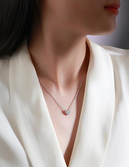 Sterling Silver Heart Cut Lab Grown Diamond Halo Pendant Necklace, Chain Included,ideal gift for anniversaries, birthdays, or any milestone celebration.