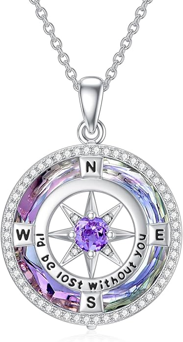 TOUPOP Compass Necklace for Women 925 Sterling Silver I'd be Lost without You Compass Pendant Birthstone Necklaces Anniversary Jewelry Birthday Gift for Girlfriend Wife Graduation Gifts for Her Daugthter