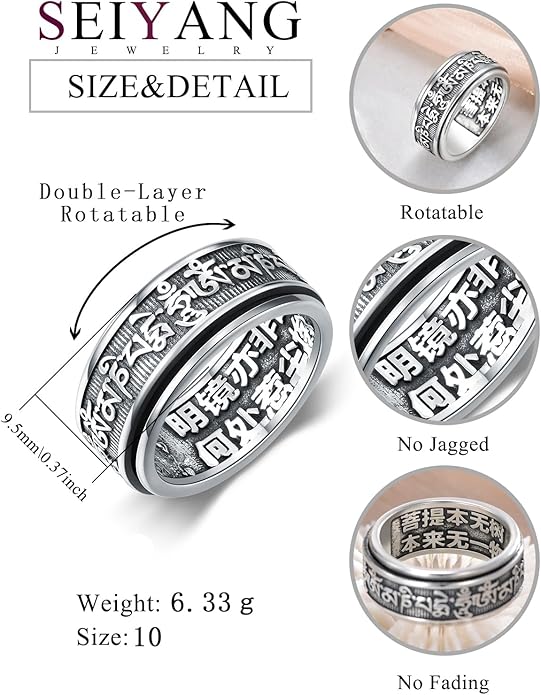 Seiyang Feng Shui Ring 925 Stering Silver Pixiu Mantra Ring Protection Wealth Adjustable Rings Gift for Men Women (with Gift Box)