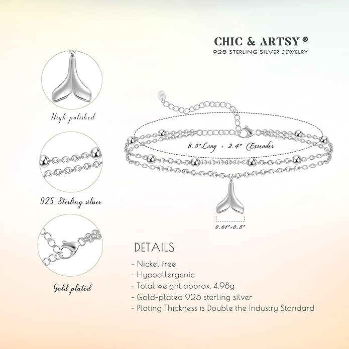 CHIC & ARTSY Womens Sterling Silver Created Opal Layered Anklet Bracelet Dainty Beaded Chain Adjustable 11" Best Friend Anklet