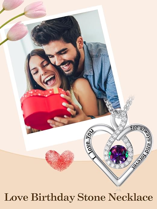 I Love You For Always and Forever Birthstone Necklace Infinity Love Heart Pendant Jewelry Christmas Valentine Mothers Day Birthday Gifts for Women Her Wife Girlfriend