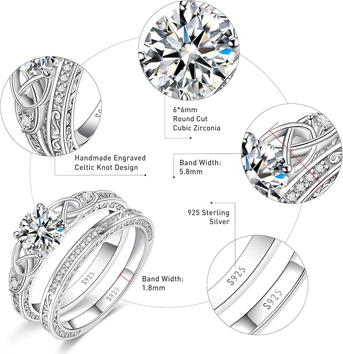 Vintage Celtic Knot Women's Engagement Ring Sets 925 Sterling Silver/14K Gold Plated Stackable Wedding Bands Rings AAAAA Cubic Zirconia Women Bridal Sets Wedding Ring Band Width 1.8mm Size 5-9