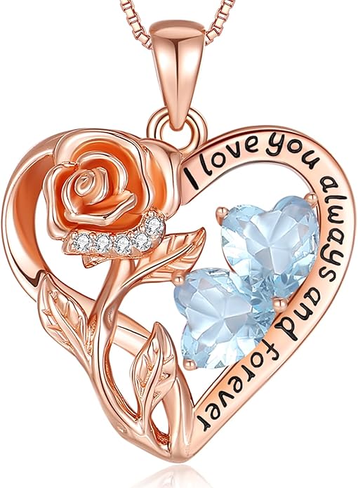 925 Sterling Silver Double Birthstone Rose Flower Heart Jewelry Necklaces for Women Anniversary Love Forever Necklaces for Her Birthday Gifts for Wife Girlfriend Mom Mothers Day Rose Gold