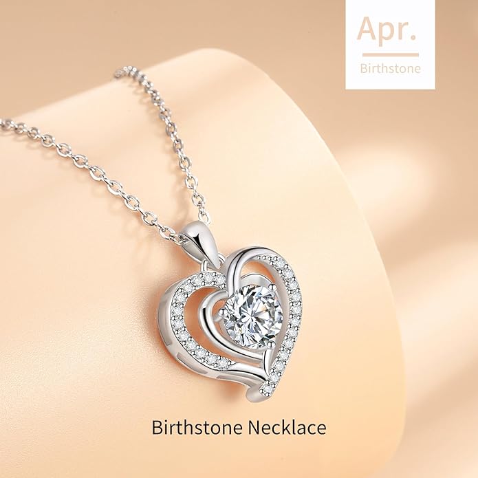 Heart Necklace, I Love You Always & Forever, Birthstone Cubic Zirconia Pendant, Gift for Women