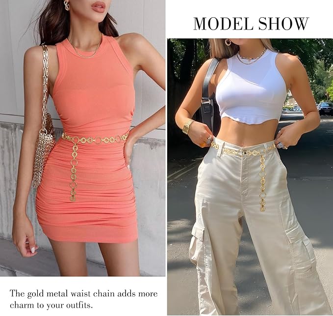 WHIPPY Metal Waist Chain Belt Women Adjustable Body Link Belts Ladies Fashion Chain for Jeans Dress