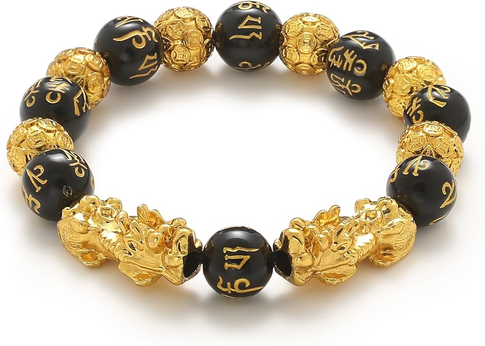 KINLNGEE Dual 24K Gold Plated Pixiu Feng Shui Obsidian Bracelet, Lucky Wealth Charm & Dragon Protection for Men/Women, Mantra Prayer Beads Bracelets, Protective Amulet Gift, Jewelry Gifts(10mm)