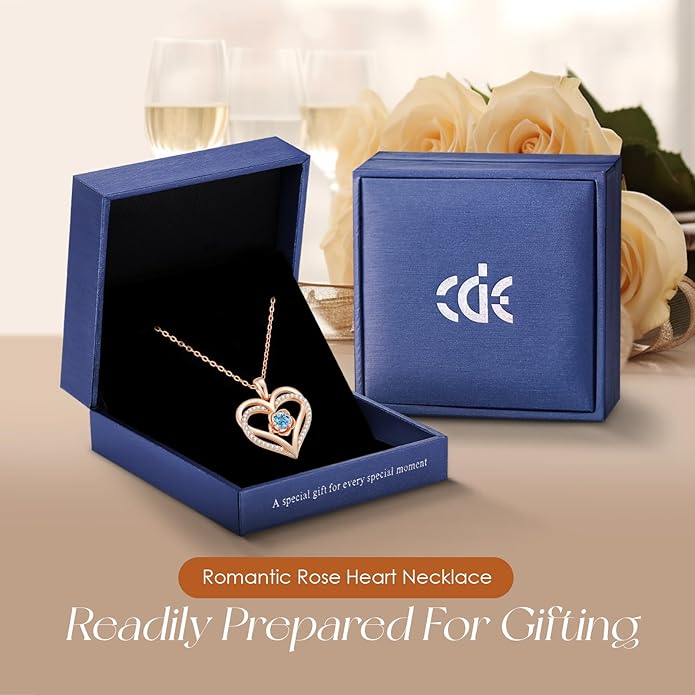 CDE S925 Silver Rose Gold Heart Birthstone Necklaces for Women，Ideal Anniversary or Birthday Jewelry Gifts for Wife Girlfriend Her