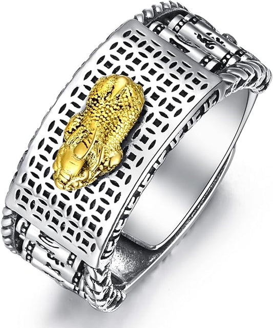 Seiyang Feng Shui Ring 925 Stering Silver Pixiu Mantra Ring Protection Wealth Adjustable Rings Gift for Men Women (with Gift Box)