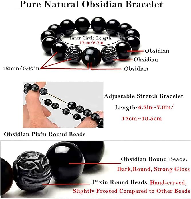 Black Obsidian Bracelet,Feng Shui Black Obsidian Wealth Bracelet for Women Men Couples Handmade Stretch Obsidian Bracelet Bangle with Carved Pixiu Tiger Eye Stone Attract Wealth Money and Good Luck