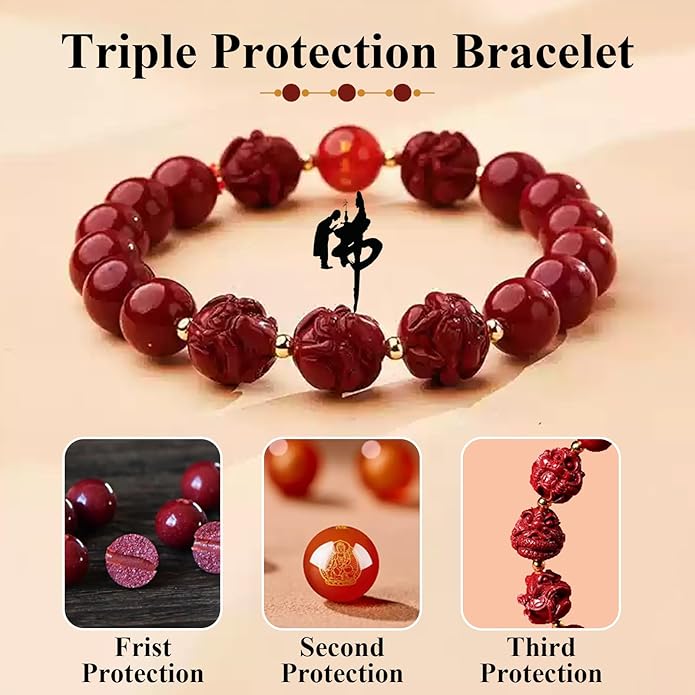 Feng Shui Triple Protection Bracelet for Women,Lucky Chinese Red Cinnabar Zodiac Prayer Bead Bracelet to Attract Wealth or Money,Mother's Day Birthday Christmas Good Luck Jewelry Gigt for Women to Bring Luck Prosperity