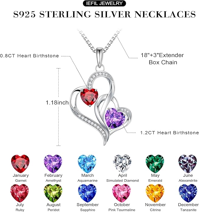 Iefil Birthstone Necklace for Women - 925 Sterling Silver Double Birthstone Heart Necklace | Anniversary Birthday Gifts for Women | Personalized Gifts | Jewelry Gifts for Wife Mom Girlfriend