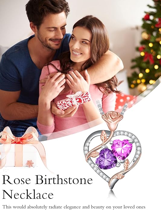 Jewelry for Her Double Heart Rose Birthstone Pendant Necklace Anniversary Jewelry Christmas Birthday Gifts for Women Wife Girlfriend