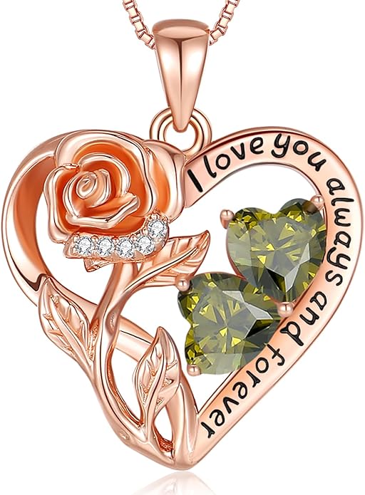 925 Sterling Silver Double Birthstone Rose Flower Heart Jewelry Necklaces for Women Anniversary Love Forever Necklaces for Her Birthday Gifts for Wife Girlfriend Mom Mothers Day Rose Gold
