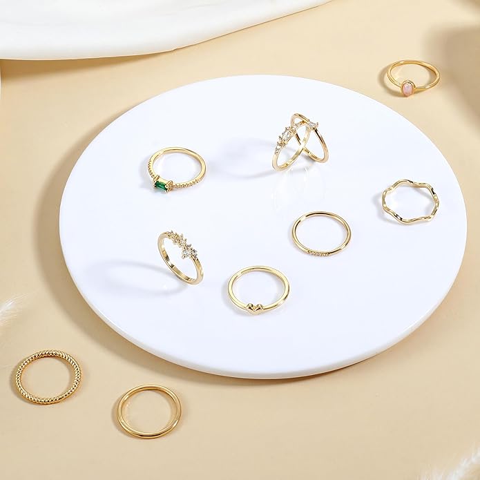 Fansilver 14K Gold Plated Stacking Rings for Women Simple Dainty Gold Stackable Knuckle Thumb Rings Heart CZ Opal Rings Plain Band Size 5-11