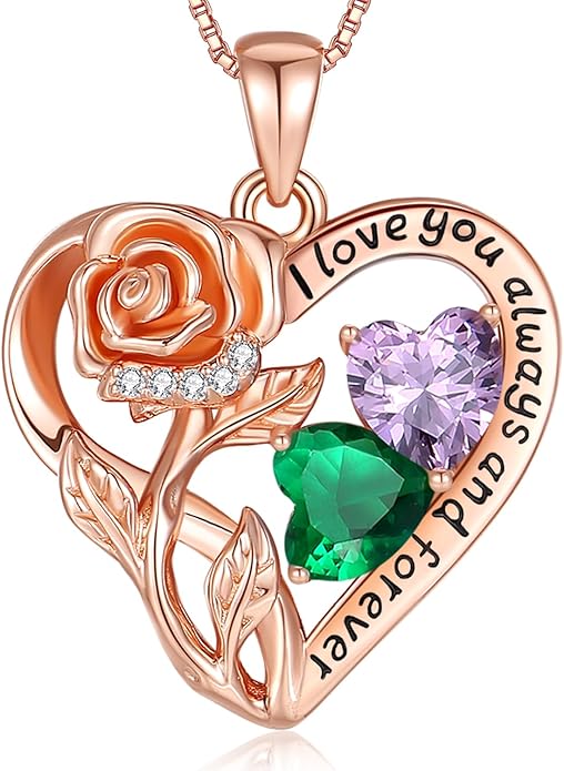 925 Sterling Silver Double Birthstone Rose Flower Heart Jewelry Necklaces for Women Anniversary Love Forever Necklaces for Her Birthday Gifts for Wife Girlfriend Mom Mothers Day Rose Gold