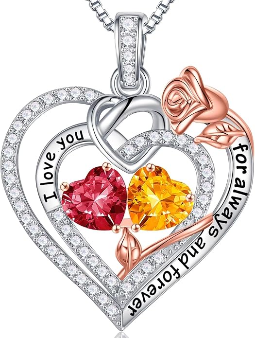 Iefil Rose Heart Necklace Gifts for Wife Women - 925 Sterling Silver Double Birthstone Necklace, Anniversary Birthday Gifts for Women, Jewelry Gift for Wife Girlfriend Mom Her