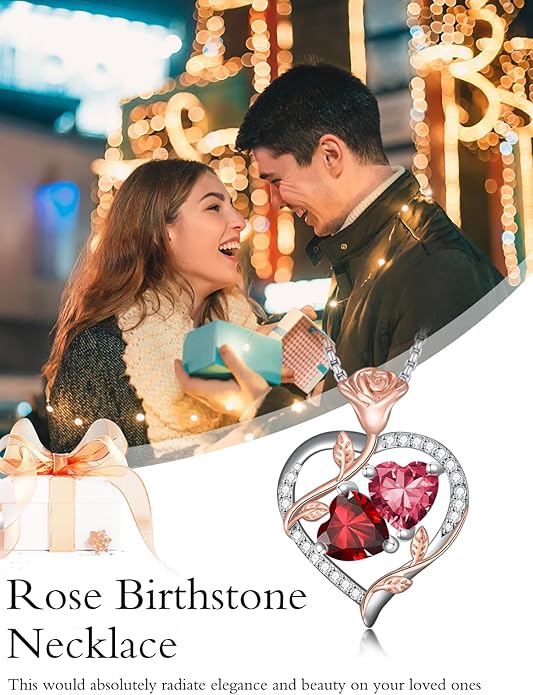 Jewelry for Her Double Heart Rose Birthstone Pendant Necklace Anniversary Jewelry Christmas Birthday Gifts for Women Wife Girlfriend