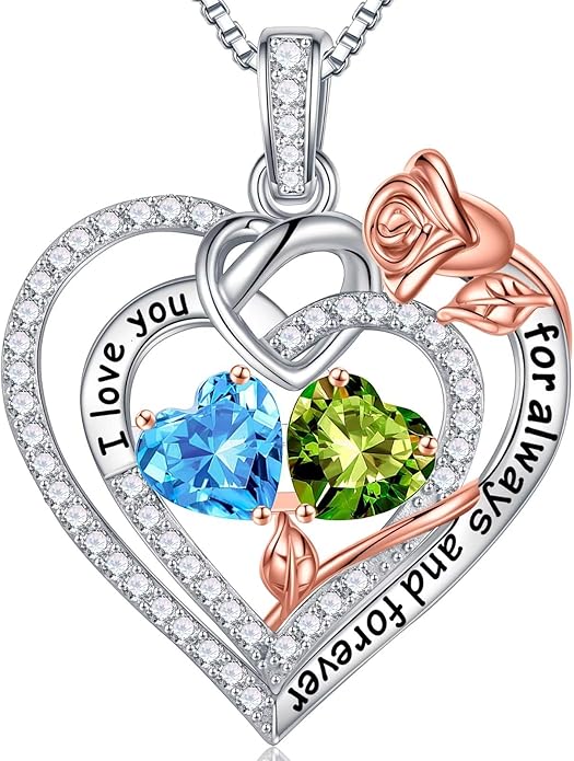 Iefil Rose Heart Necklace Gifts for Wife Women - 925 Sterling Silver Double Birthstone Necklace, Anniversary Birthday Gifts for Women, Jewelry Gift for Wife Girlfriend Mom Her