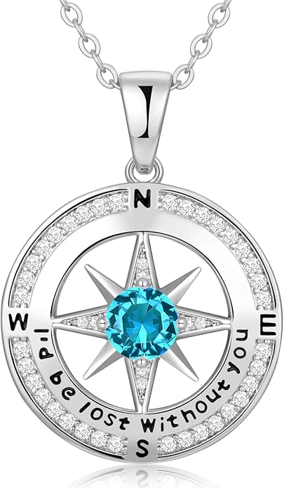Compass Necklace Gifts for Women wife - S925 Sterling Silver Birthstone Necklaces for Women - Anniversary Birthday Gifts for Her Wife Girlfriend - Valentines Mom Mothers Day Christmas Gifts Jewelry for Women