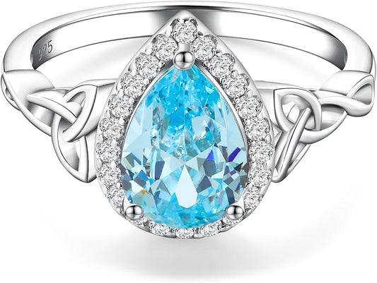 DAYBYDAY Celtic Birthstone Rings for Women 925 Sterling Silver Heart/Round/Pear/Oval Created Gemstone Moissanite Halo Engagement Promise Rings for Her Wife Birthday Anniversary Wedding Jewelry