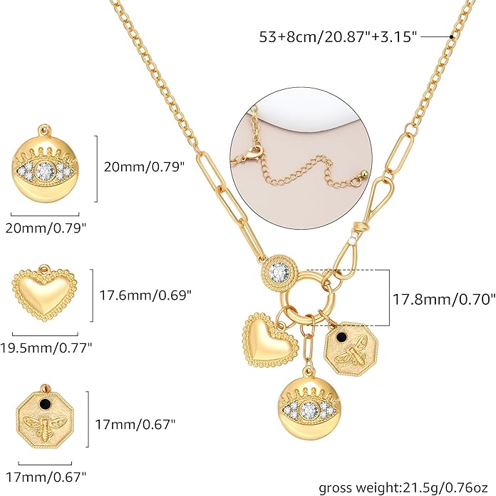 Charm Necklace for Women Gold Evil Eye Sun Moon Flower Coin Pendant Necklace Dainty Paperclip Chain Vintage Luck Amulet Choker Necklaces Celestial Jewelry Gift