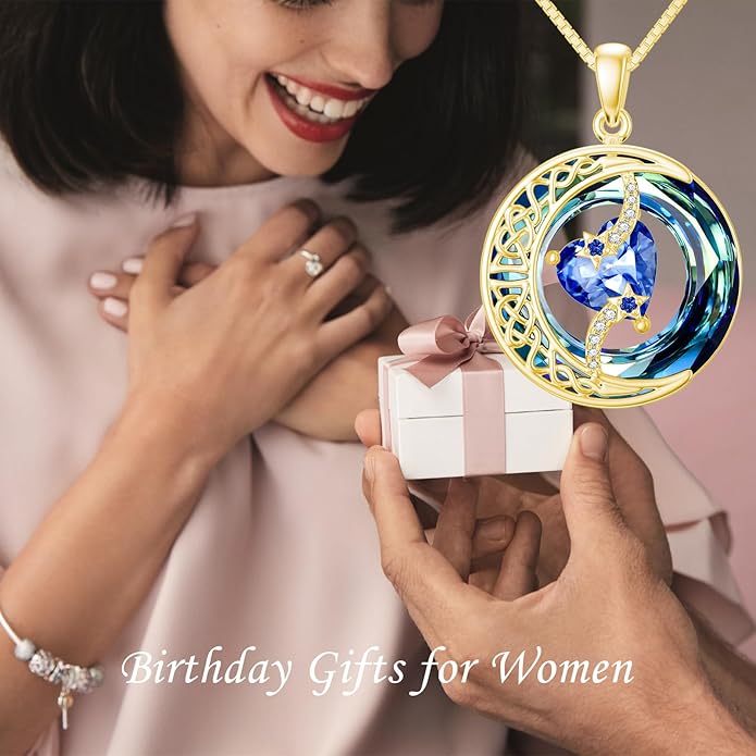 TOUPOP Birthstone Necklace 925 Sterling Silver Moon and Star Pendant with Blue Crystal Celtic Moon Jewelry Birthday Christmas Gifts for Women Mom Wife Her Daughter