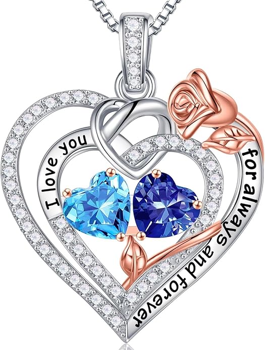 Iefil Rose Heart Necklace Gifts for Wife Women - 925 Sterling Silver Double Birthstone Necklace, Anniversary Birthday Gifts for Women, Jewelry Gift for Wife Girlfriend Mom Her