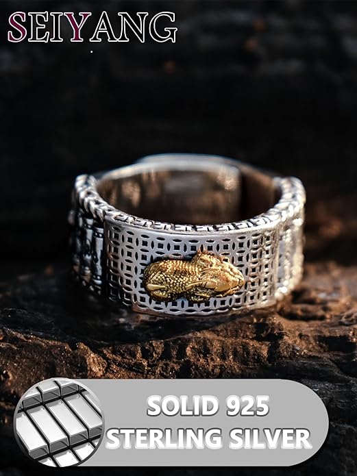 Seiyang Feng Shui Ring 925 Stering Silver Pixiu Mantra Ring Protection Wealth Adjustable Rings Gift for Men Women (with Gift Box)