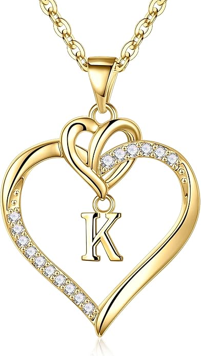 STORUP Heart Initial Necklaces for Women Girls, 14K Gold Plated Cubic Zirconia Heart Initial A-Z Pendant Necklace Dainty Heart Necklaces for Women Teen Girl Jewelry Birthday Gifts