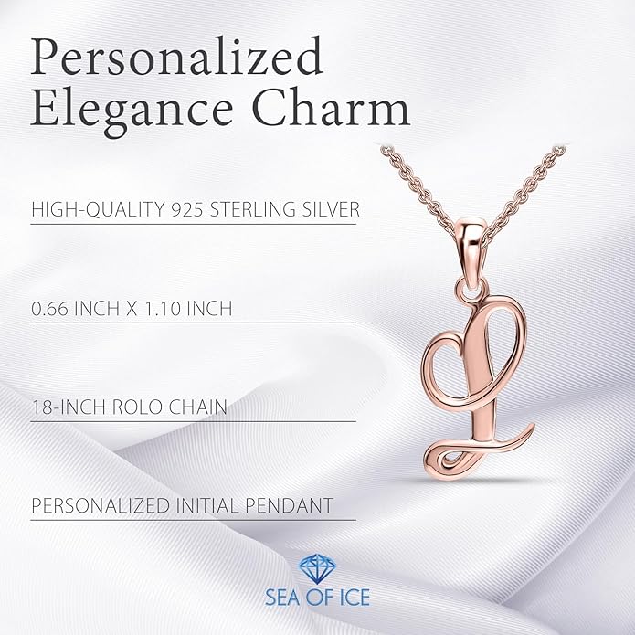 SEA OF ICE Letter Initial Necklace, Alphabet Letter Pendant Necklace, Sterling Silver, Gold, Rose Gold Necklace for Women, Elegant Initial Necklaces, Personalized Custom Women's Necklaces