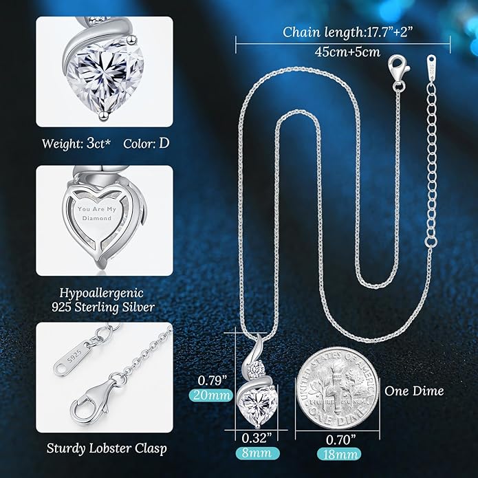Moissanite Heart Pendant Necklaces for Women，925 Sterling Silver Gold Plating Necklace with Birthstone，Ideal Anniversary Present or Birthday Christmas Valentine Engagements Mothers Day Jewelry Gifts for Mom Wife Her Girlfriend