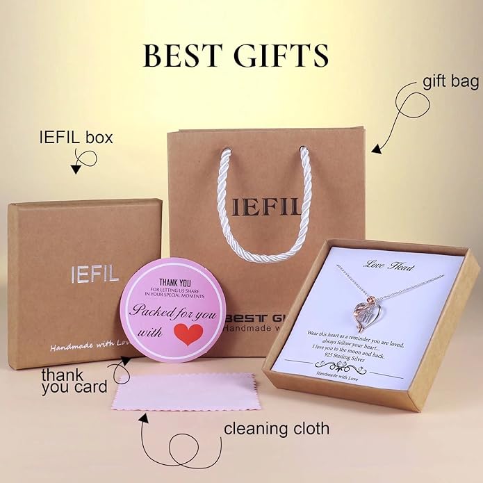 Iefil Rose Heart Necklaces Gifts for Women - 925 Sterling Silver Rose Heart Initial Necklace, Anniversary Birthday Gifts for Women, Jewelry Gift for Her Wife Girlfriend Mom Daughter