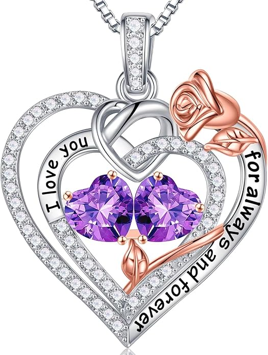 Iefil Rose Heart Necklace Gifts for Wife Women - 925 Sterling Silver Double Birthstone Necklace, Anniversary Birthday Gifts for Women, Jewelry Gift for Wife Girlfriend Mom Her