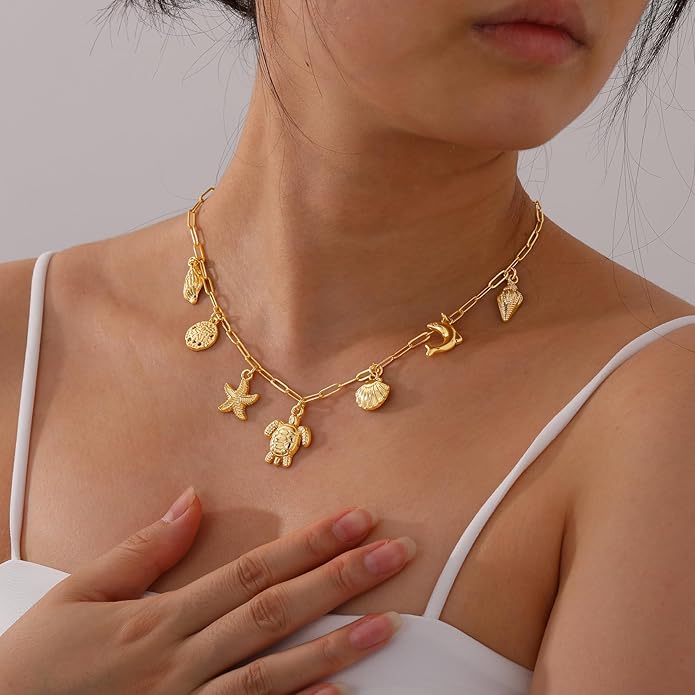 Charm Necklace for Women, 14K Gold Plated Shell Sun Starfish Summer Beach Necklace 16+3" Paperclip Chain Jewelry Gifts