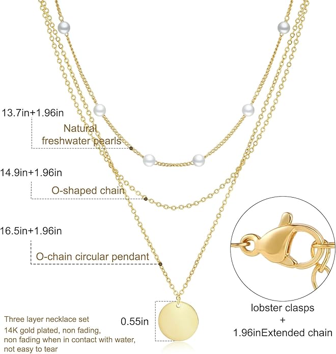 ASCOMY Layered Necklaces for Women Dainty Gold Necklace 14K Gold Plated Herringbone Necklace for Women Pearl Cross Necklace Paperclip Cuban Figaro Rope Satellite Chain Gold Choker Trendy Jewelry Gift