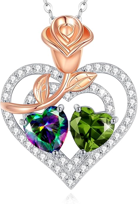 AGVANA Birthstone Necklace for Women Sterling Silver Rose Flower Heart Double Birthstone Jewelry Pendant Necklace Anniversary Birthday Gifts for Women Mom Wife Girlfriend Her