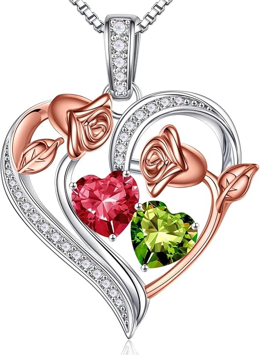 Iefil Birthstone Necklace for Women - 925 Sterling Silver Rose Heart Necklace, Birthstone Jewelry, Anniversary Birthday Gifts for Wife Girlfriend Mom Daughter