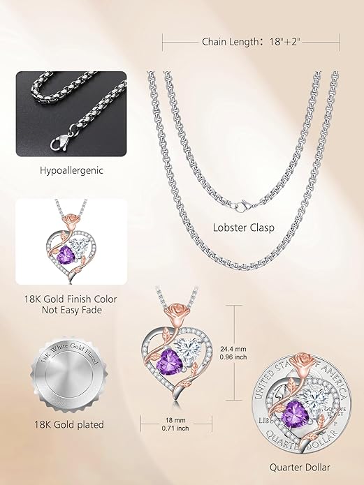 Jewelry for Her Double Heart Rose Birthstone Pendant Necklace Anniversary Jewelry Christmas Birthday Gifts for Women Wife Girlfriend