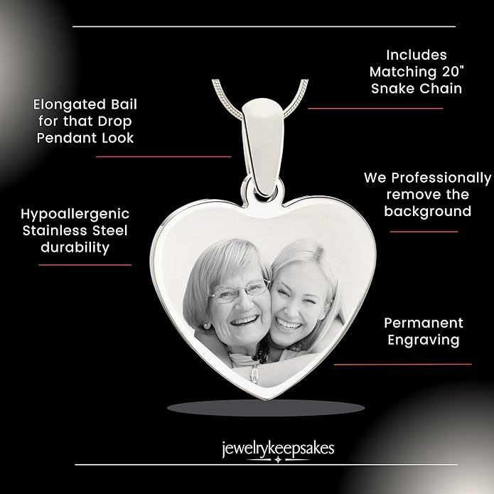 Personalized Picture Engraved Heart Pendant with 20" Chain