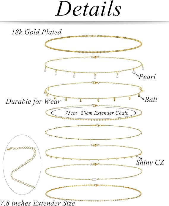 Tornito 8Pcs Waist Belly Chain 18K Gold Plated CZ Heart Pearl Snake Bead Sequin Paperclip Belly Chain Summer Beach Sexy Body Chains Jewelry Accessories for Women Adjustable