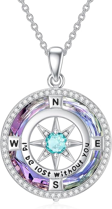 TOUPOP Compass Necklace for Women 925 Sterling Silver I'd be Lost without You Compass Pendant Birthstone Necklaces Anniversary Jewelry Birthday Gift for Girlfriend Wife Graduation Gifts for Her Daugthter