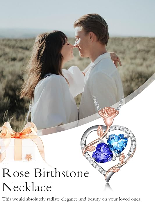Jewelry for Her Double Heart Rose Birthstone Pendant Necklace Anniversary Jewelry Christmas Birthday Gifts for Women Wife Girlfriend