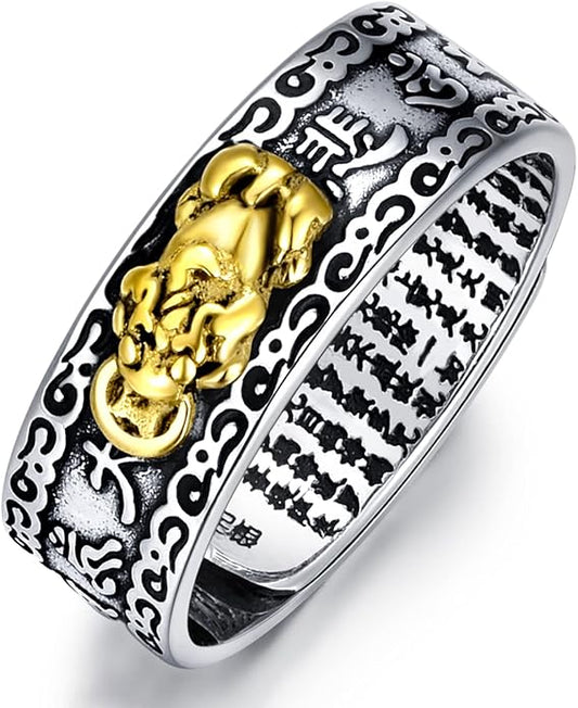 Seiyang Feng Shui Ring 925 Stering Silver Pixiu Mantra Ring Protection Wealth Adjustable Rings Gift for Men Women (with Gift Box)