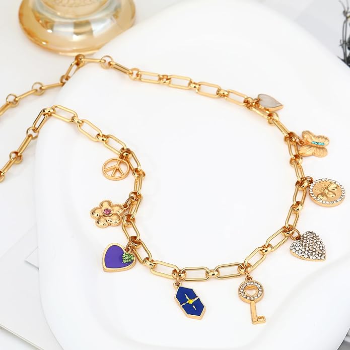 Charm Necklace for Women Gold Evil Eye Sun Moon Flower Coin Pendant Necklace Dainty Paperclip Chain Vintage Luck Amulet Choker Necklaces Celestial Jewelry Gift