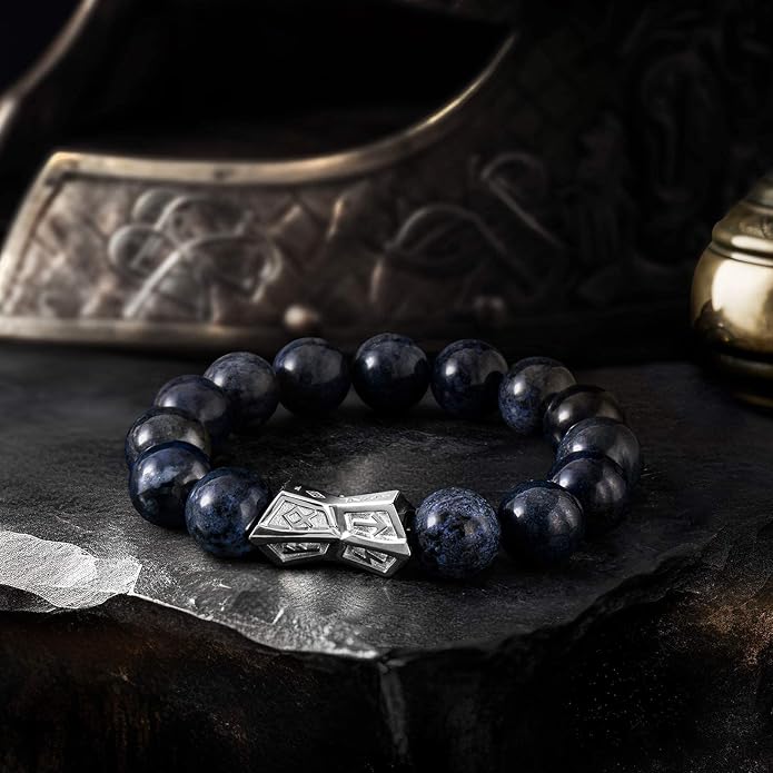 AWNL® Men's Beaded Bracelet with Sterling Silver Engraved Runes Charm 12mm Bronzite Dumortierite Obsidian Natural Gemstone Gift for Men, 6.1''-7.9''
