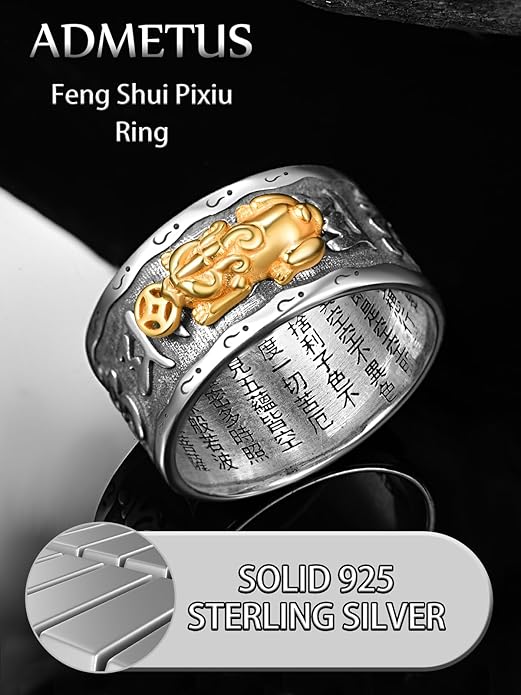 ADMETUS 925 Sterling Silver Feng Shui Rings Lucky Pixiu Band Rings for Men Fengshui Ring Jewelry Gifts for Men Rings Size 7-13